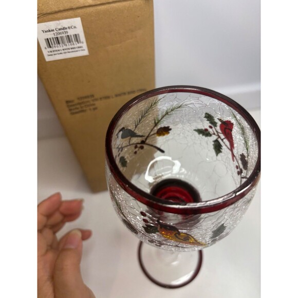 NEW Yankee Candle Crackled Glass Votive STEM Candleholder WINTER Birds 8.5”H - Picture 5 of 8